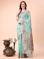 Shree Shyam Fashion Sky Blue Linen Saree with Multicolor Weaving & Zari Pallu - Elegant & Lightweight for Everyday Grace | Grocsy