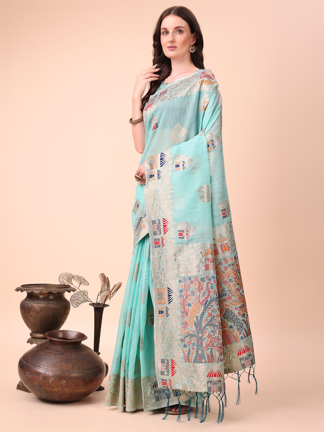 Shree Shyam Fashion Sky Blue Linen Saree with Multicolor Weaving & Zari Pallu - Elegant & Lightweight for Everyday Grace | Grocsy