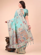Shree Shyam Fashion Sky Blue Linen Saree with Multicolor Weaving & Zari Pallu - Elegant & Lightweight for Everyday Grace | Grocsy