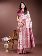 Shree Shyam Fashion Graceful Cream & Pink Linen Cotton Saree with Rich Zari Pallu - A Touch of Royal Comfort | Grocsy