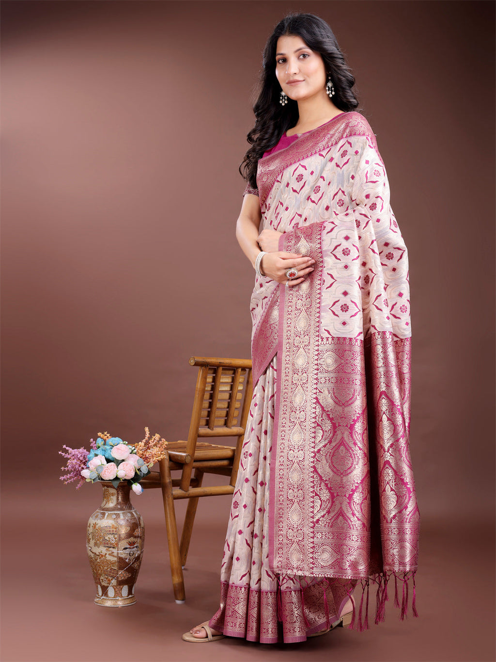Shree Shyam Fashion Graceful Cream & Pink Linen Cotton Saree with Rich Zari Pallu - A Touch of Royal Comfort | Grocsy