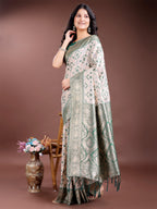Shree Shyam Fashion Graceful Cream & Green Linen Cotton Saree with Rich Zari Pallu - A Touch of Royal Comfort | Grocsy