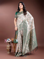 Shree Shyam Fashion Graceful Cream & Green Linen Cotton Saree with Rich Zari Pallu - A Touch of Royal Comfort | Grocsy