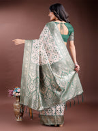 Shree Shyam Fashion Graceful Cream & Green Linen Cotton Saree with Rich Zari Pallu - A Touch of Royal Comfort | Grocsy
