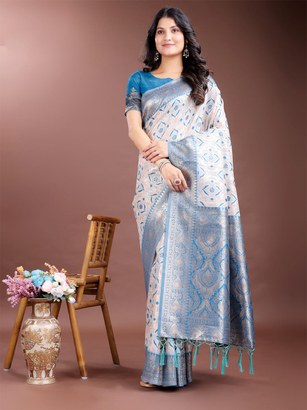 Shree Shyam Fashion Graceful Cream & Sky Blue Linen Cotton Saree with Rich Zari Pallu - A Touch of Royal Comfort | Grocsy