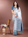 Shree Shyam Fashion Graceful Cream & Sky Blue Linen Cotton Saree with Rich Zari Pallu - A Touch of Royal Comfort | Grocsy