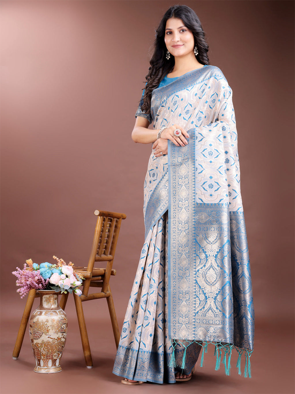 Shree Shyam Fashion Graceful Cream & Sky Blue Linen Cotton Saree with Rich Zari Pallu - A Touch of Royal Comfort | Grocsy