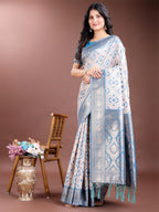 Shree Shyam Fashion Graceful Cream & Sky Blue Linen Cotton Saree with Rich Zari Pallu - A Touch of Royal Comfort | Grocsy