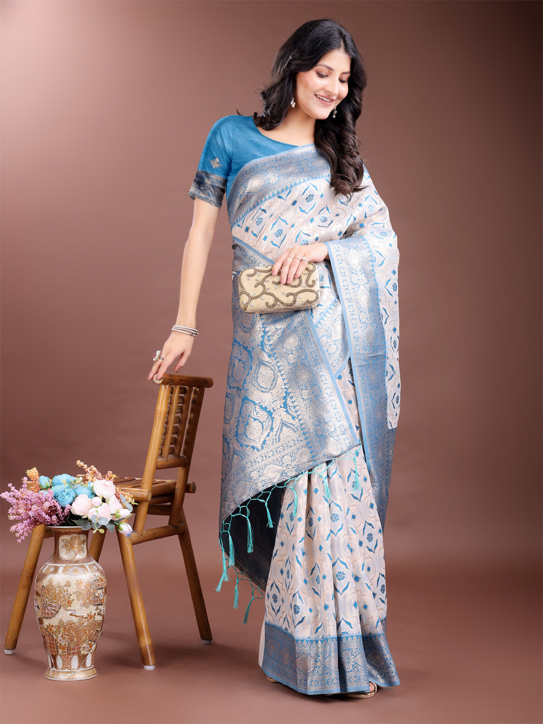 Shree Shyam Fashion Graceful Cream & Sky Blue Linen Cotton Saree with Rich Zari Pallu - A Touch of Royal Comfort | Grocsy