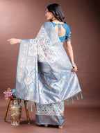 Shree Shyam Fashion Graceful Cream & Sky Blue Linen Cotton Saree with Rich Zari Pallu - A Touch of Royal Comfort | Grocsy