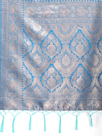 Shree Shyam Fashion Graceful Cream & Sky Blue Linen Cotton Saree with Rich Zari Pallu - A Touch of Royal Comfort | Grocsy
