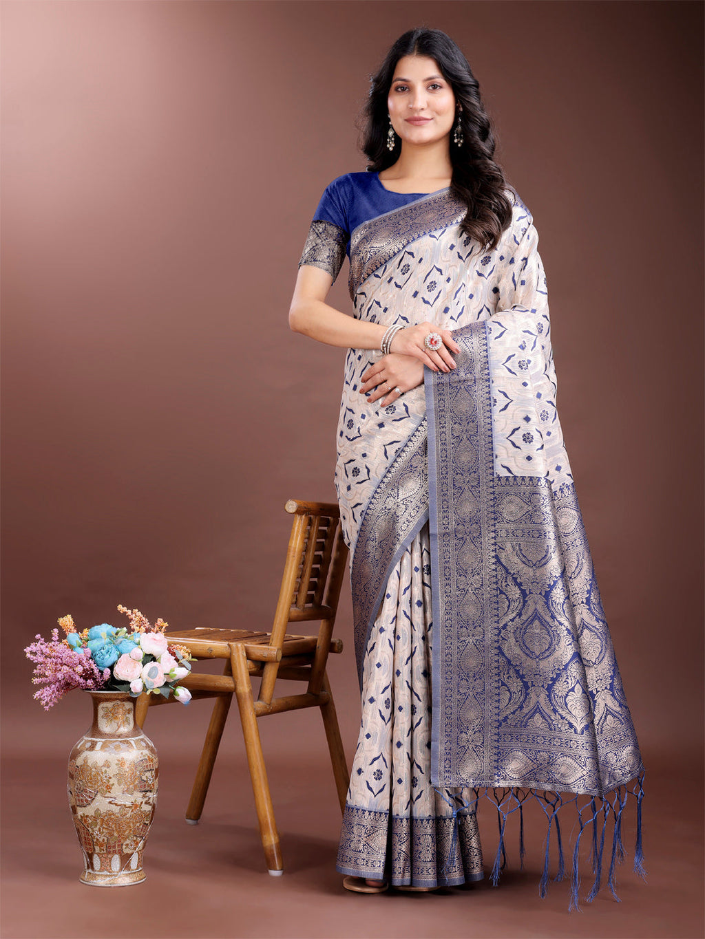 Shree Shyam Fashion Graceful Cream & Navy Blue Linen Cotton Saree with Rich Zari Pallu - A Touch of Royal Comfort | Grocsy