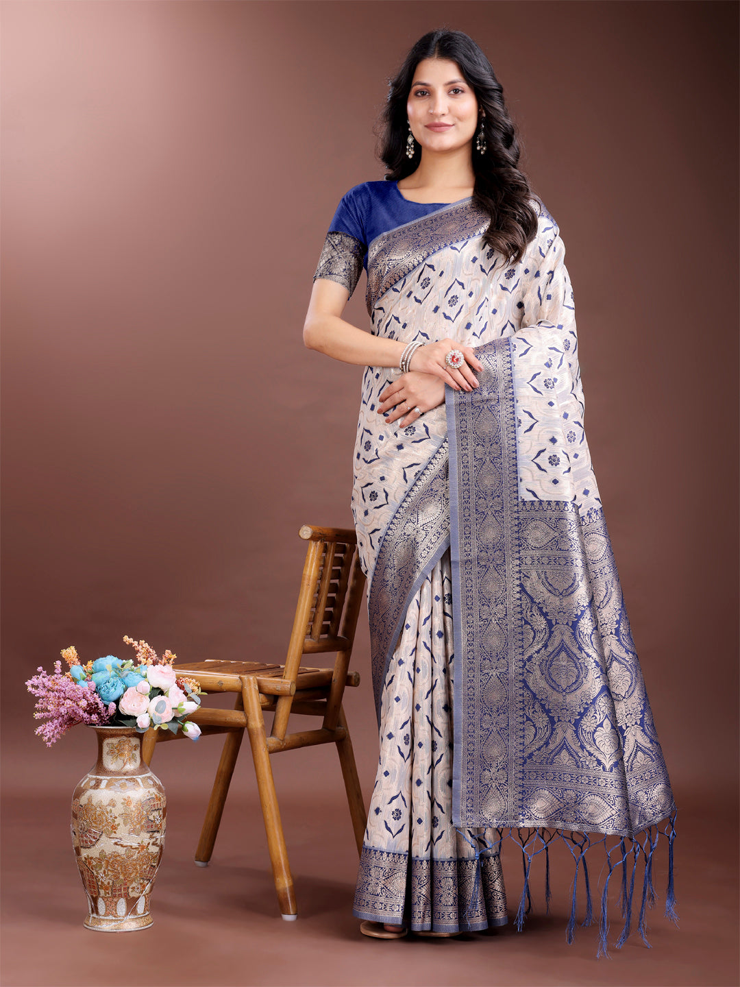 Shree Shyam Fashion Graceful Cream & Navy Blue Linen Cotton Saree with Rich Zari Pallu - A Touch of Royal Comfort | Grocsy