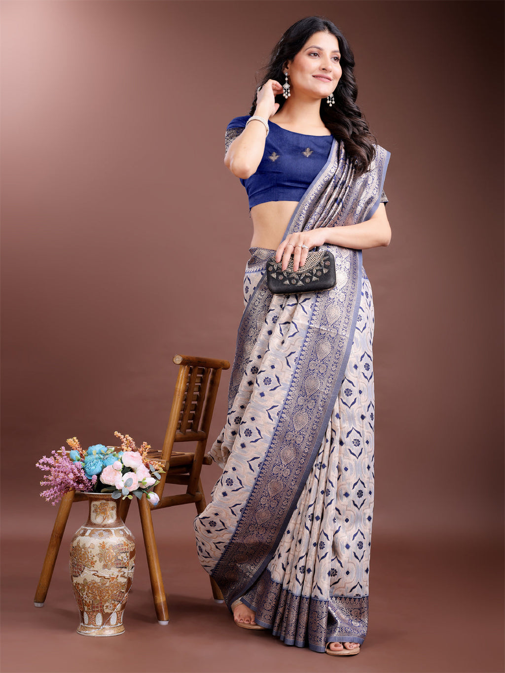 Shree Shyam Fashion Graceful Cream & Navy Blue Linen Cotton Saree with Rich Zari Pallu - A Touch of Royal Comfort | Grocsy