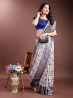 Shree Shyam Fashion Graceful Cream & Navy Blue Linen Cotton Saree with Rich Zari Pallu - A Touch of Royal Comfort | Grocsy