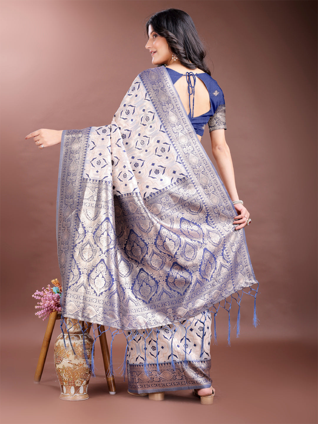 Shree Shyam Fashion Graceful Cream & Navy Blue Linen Cotton Saree with Rich Zari Pallu - A Touch of Royal Comfort | Grocsy