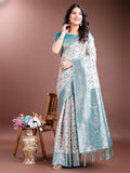 Shree Shyam Fashion Graceful Cream & Sea Green Linen Cotton Saree with Rich Zari Pallu - A Touch of Royal Comfort | Grocsy