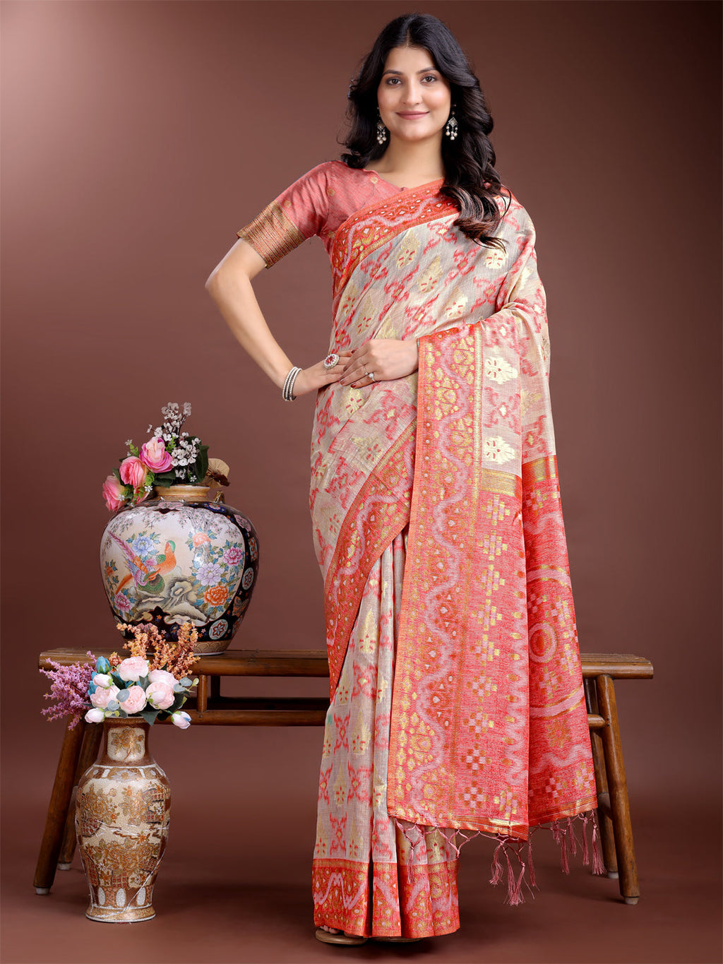 Shree Shyam Fashion Graceful Beige & Coral Linen Cotton Saree - Lightweight Elegance for Modern Women | Grocsy