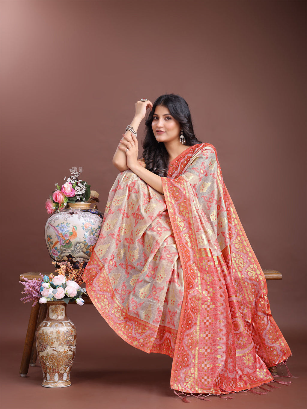 Shree Shyam Fashion Graceful Beige & Coral Linen Cotton Saree - Lightweight Elegance for Modern Women | Grocsy