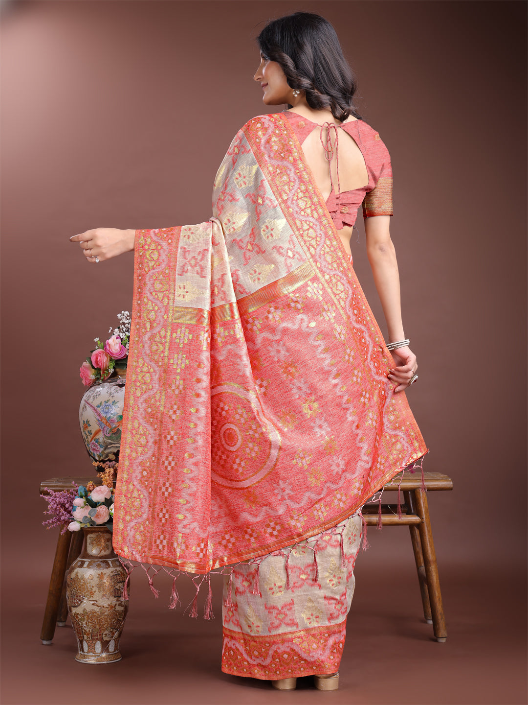 Shree Shyam Fashion Graceful Beige & Coral Linen Cotton Saree - Lightweight Elegance for Modern Women | Grocsy