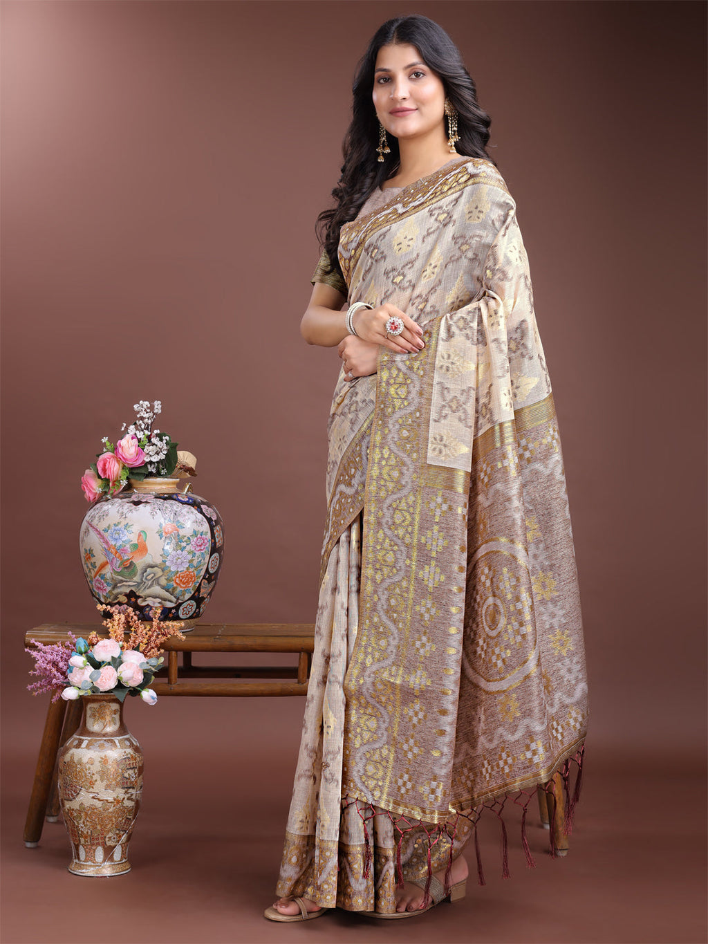 Shree Shyam Fashion Graceful Beige & Brown Linen Cotton Saree - Lightweight Elegance for Modern Women | Grocsy