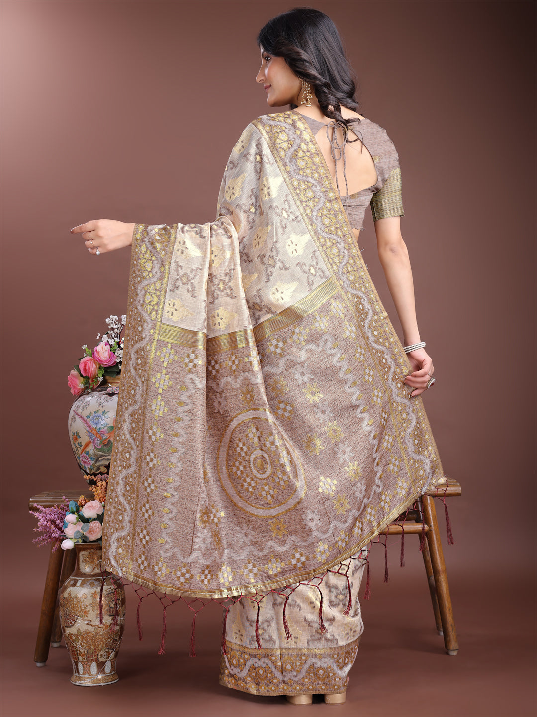 Shree Shyam Fashion Graceful Beige & Brown Linen Cotton Saree - Lightweight Elegance for Modern Women | Grocsy