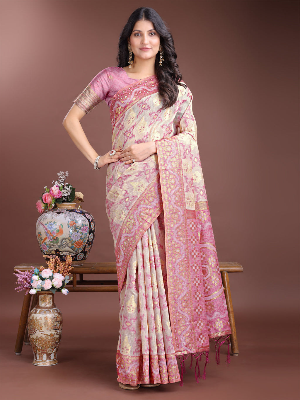 Shree Shyam Fashion Graceful Beige & Pink Linen Cotton Saree - Lightweight Elegance for Modern Women | Grocsy