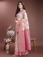 Shree Shyam Fashion Graceful Beige & Pink Linen Cotton Saree - Lightweight Elegance for Modern Women | Grocsy
