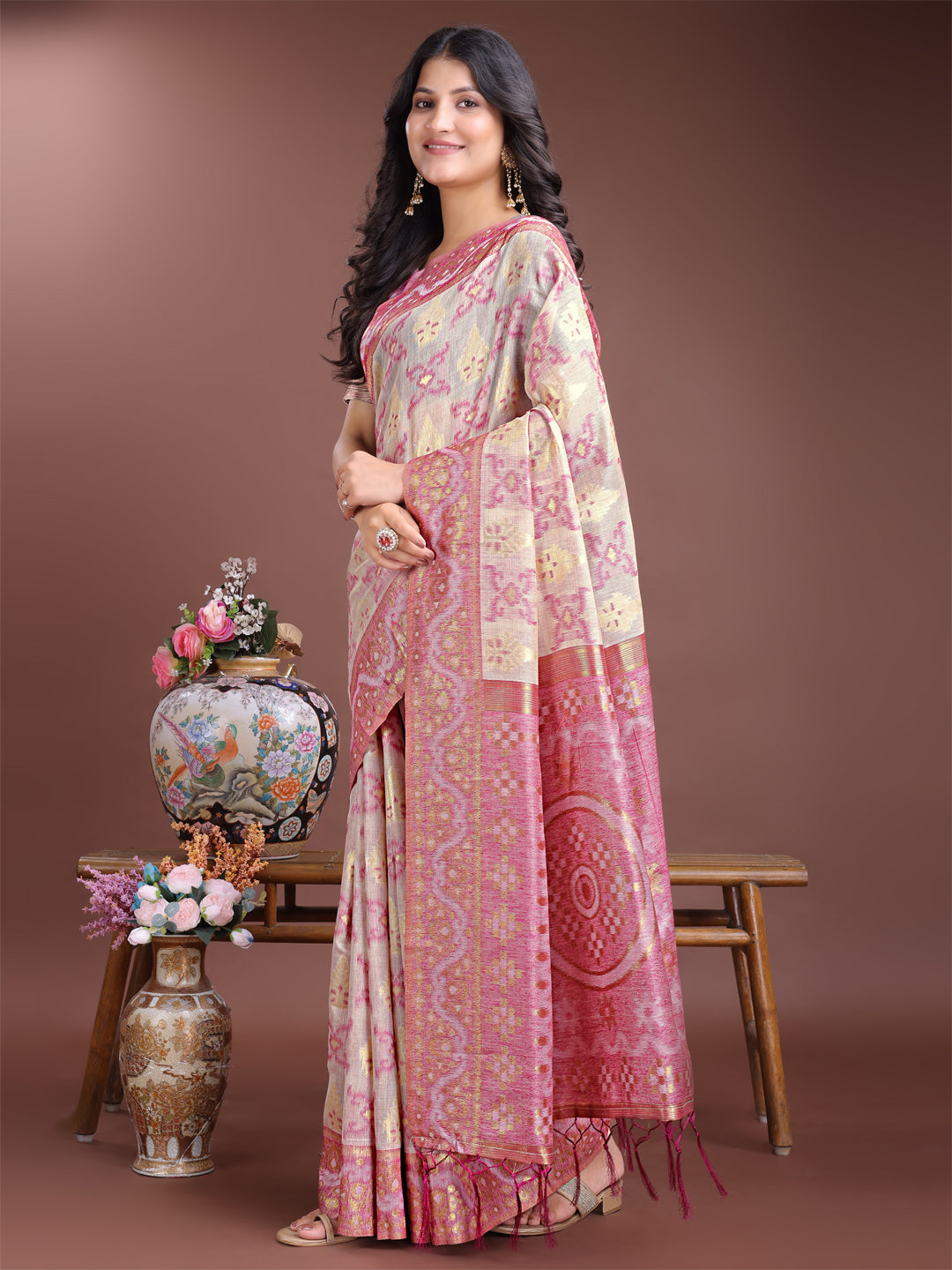 Shree Shyam Fashion Graceful Beige & Pink Linen Cotton Saree - Lightweight Elegance for Modern Women | Grocsy