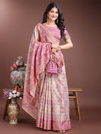 Shree Shyam Fashion Graceful Beige & Pink Linen Cotton Saree - Lightweight Elegance for Modern Women | Grocsy