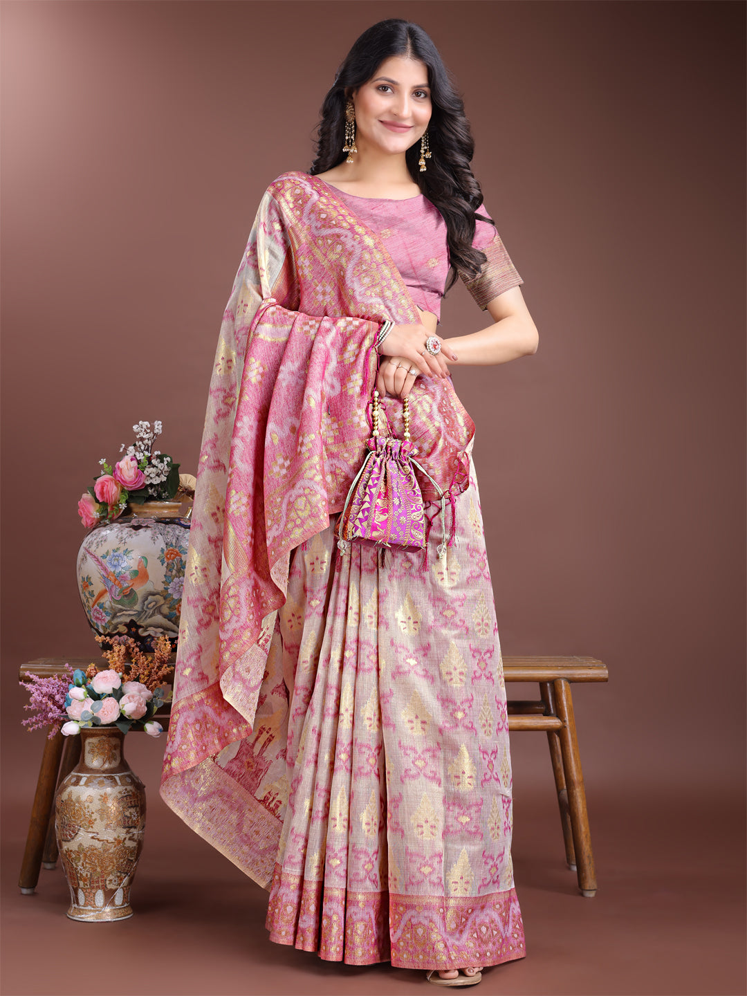 Shree Shyam Fashion Graceful Beige & Pink Linen Cotton Saree - Lightweight Elegance for Modern Women | Grocsy