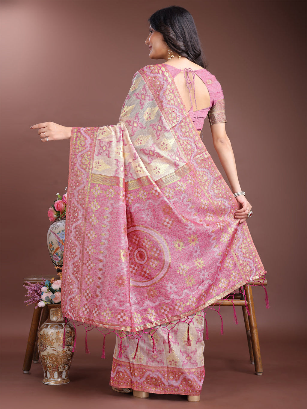 Shree Shyam Fashion Graceful Beige & Pink Linen Cotton Saree - Lightweight Elegance for Modern Women | Grocsy