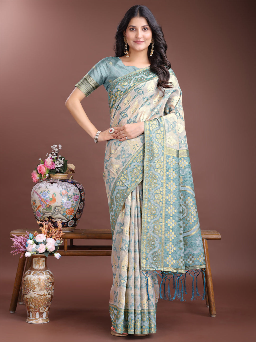 Shree Shyam Fashion Graceful Beige & Sea Green Linen Cotton Saree - Lightweight Elegance for Modern Women | Grocsy