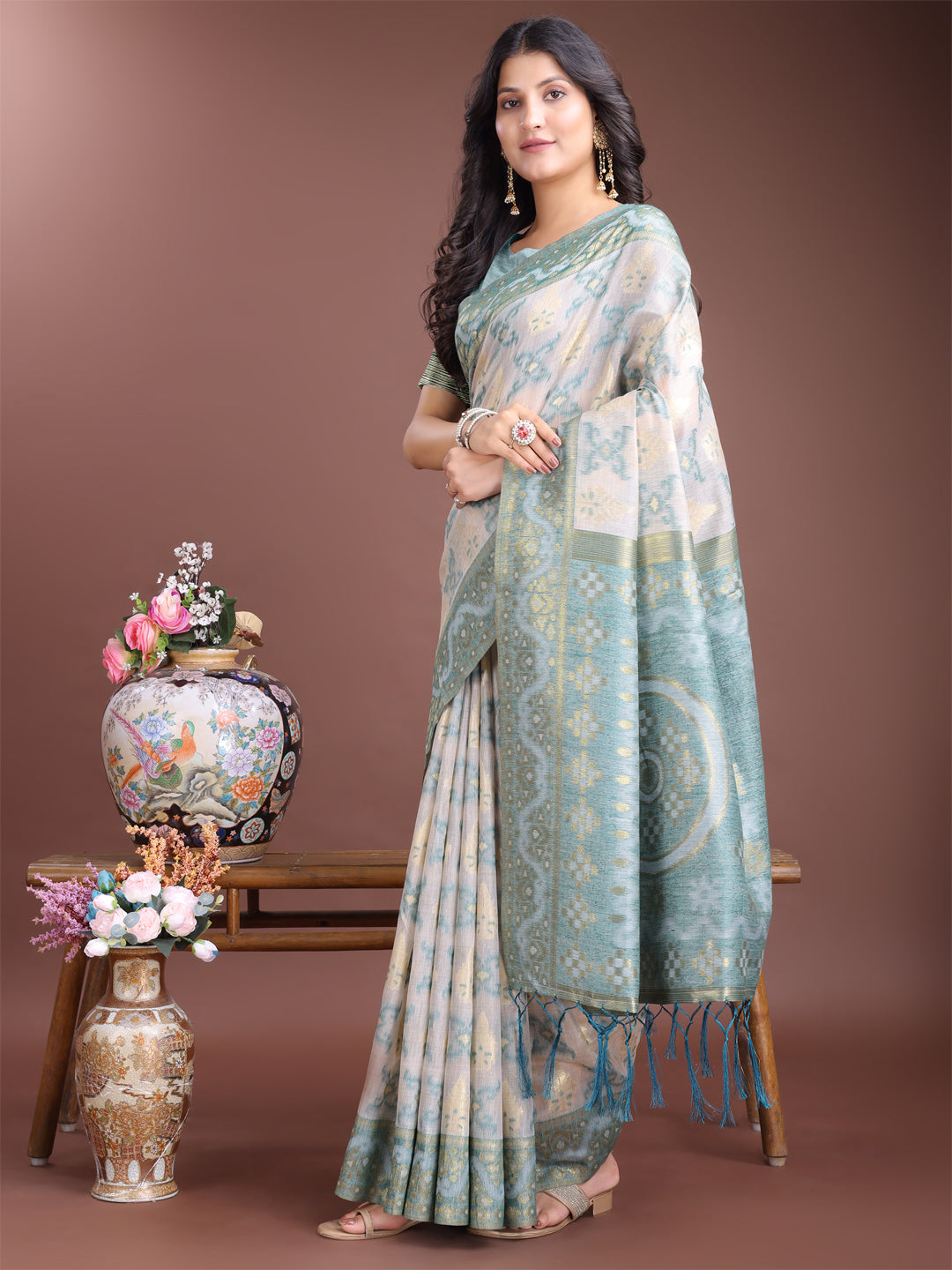 Shree Shyam Fashion Graceful Beige & Sea Green Linen Cotton Saree - Lightweight Elegance for Modern Women | Grocsy
