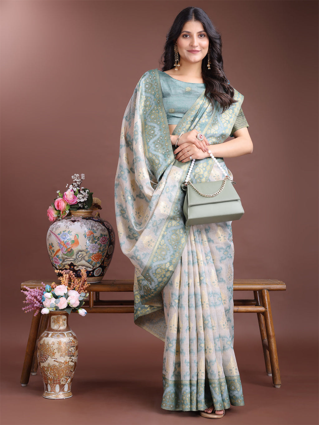 Shree Shyam Fashion Graceful Beige & Sea Green Linen Cotton Saree - Lightweight Elegance for Modern Women | Grocsy