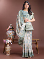 Shree Shyam Fashion Graceful Beige & Sea Green Linen Cotton Saree - Lightweight Elegance for Modern Women | Grocsy