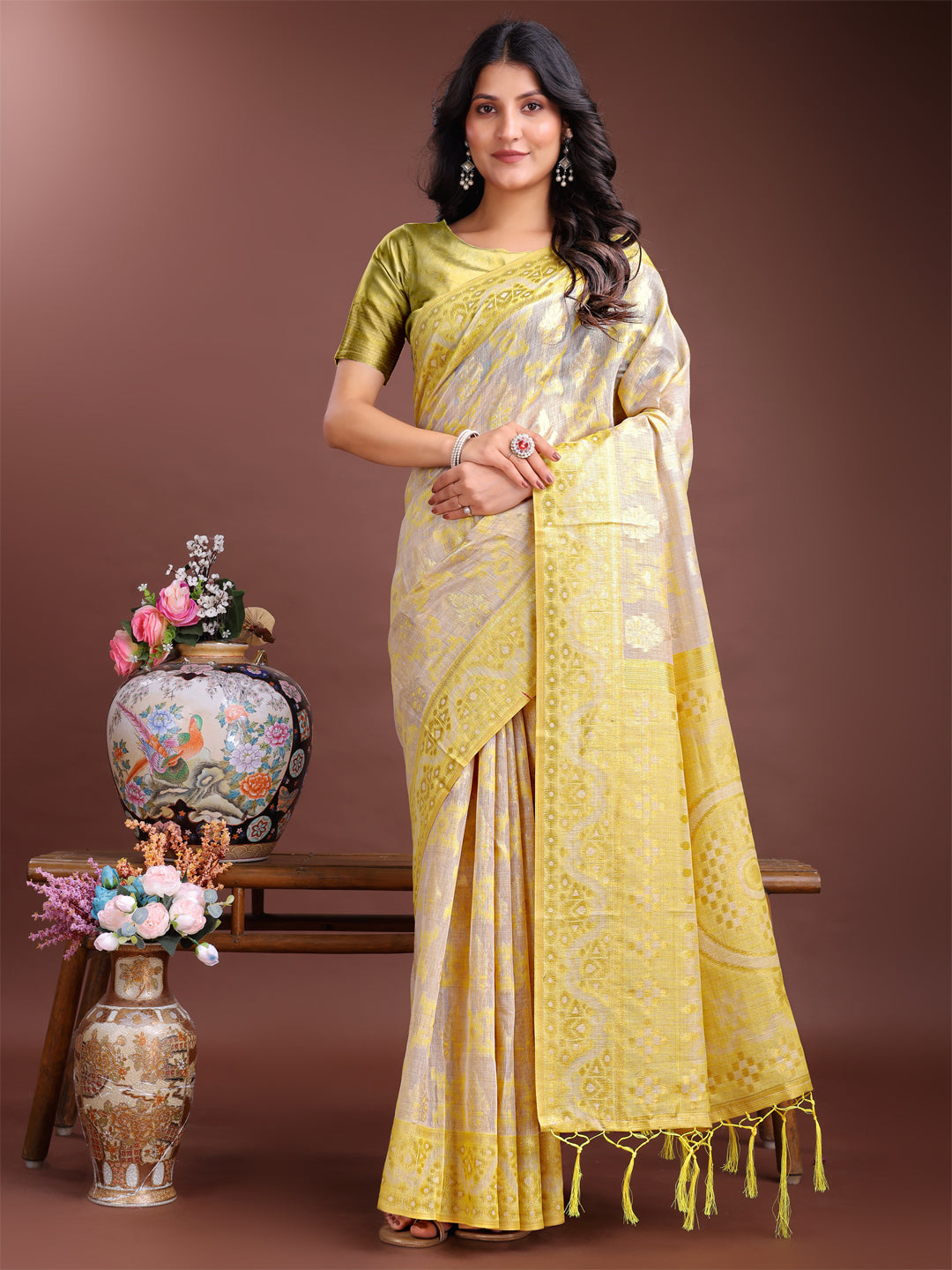 Shree Shyam Fashion Graceful Beige & Yellow Linen Cotton Saree - Lightweight Elegance for Modern Women | Grocsy