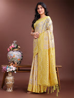 Shree Shyam Fashion Graceful Beige & Yellow Linen Cotton Saree - Lightweight Elegance for Modern Women | Grocsy