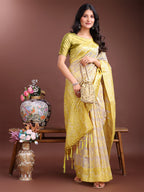 Shree Shyam Fashion Graceful Beige & Yellow Linen Cotton Saree - Lightweight Elegance for Modern Women | Grocsy