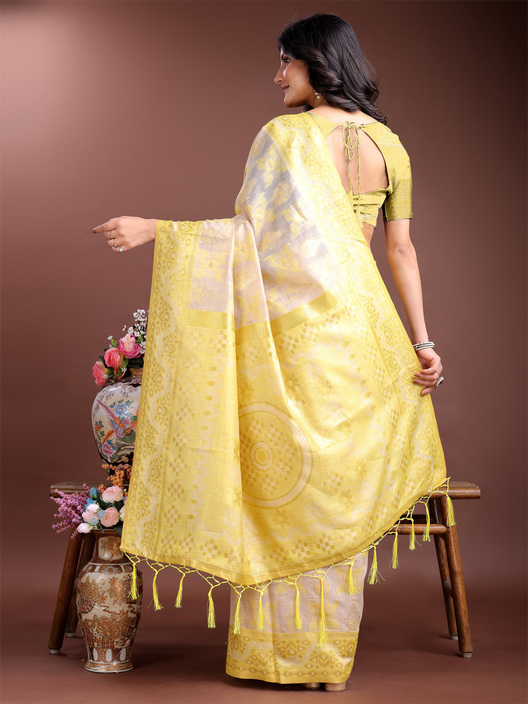 Shree Shyam Fashion Graceful Beige & Yellow Linen Cotton Saree - Lightweight Elegance for Modern Women | Grocsy