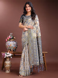 Shree Shyam Fashion Graceful Beige & Grey Linen Cotton Saree - Lightweight Elegance for Modern Women | Grocsy