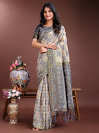 Shree Shyam Fashion Graceful Beige & Grey Linen Cotton Saree - Lightweight Elegance for Modern Women | Grocsy