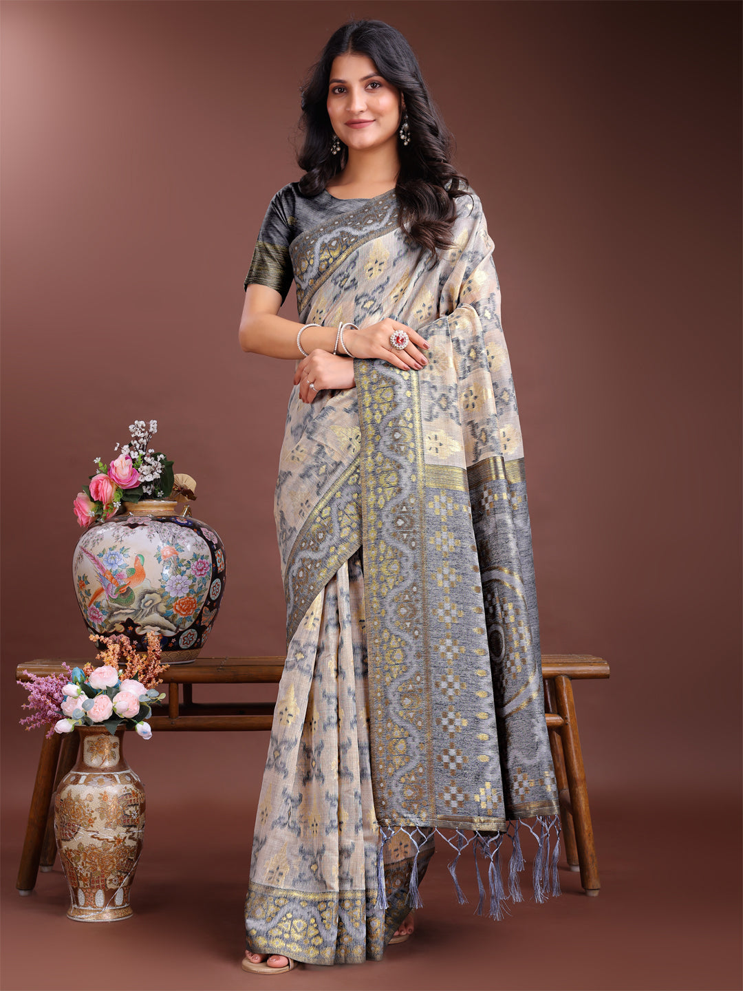 Shree Shyam Fashion Graceful Beige & Grey Linen Cotton Saree - Lightweight Elegance for Modern Women | Grocsy