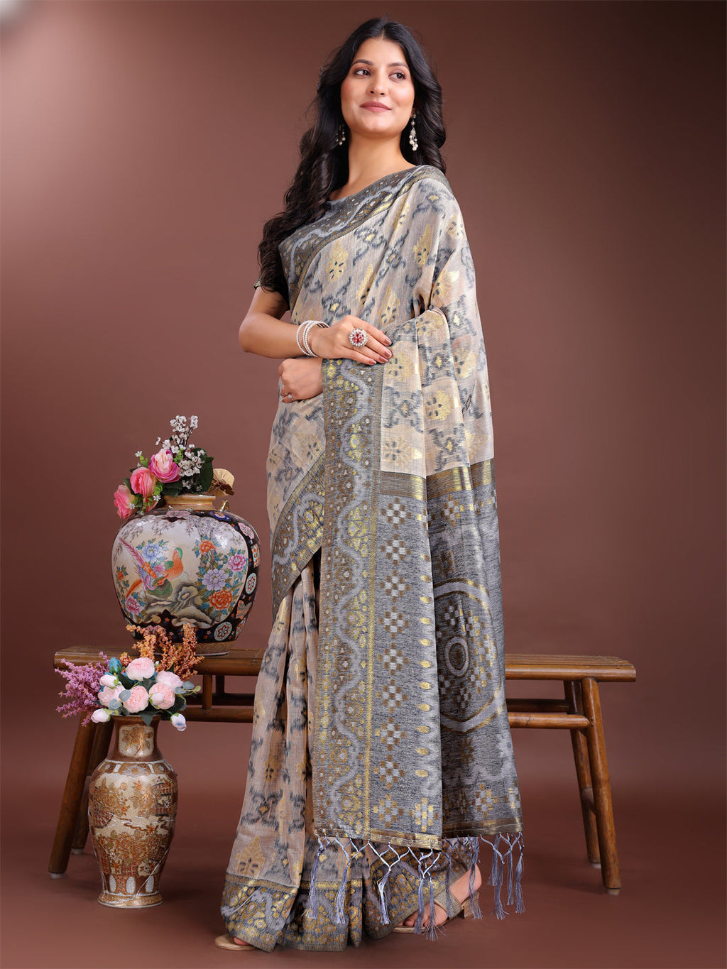Shree Shyam Fashion Graceful Beige & Grey Linen Cotton Saree - Lightweight Elegance for Modern Women | Grocsy