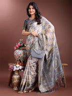 Shree Shyam Fashion Graceful Beige & Grey Linen Cotton Saree - Lightweight Elegance for Modern Women | Grocsy