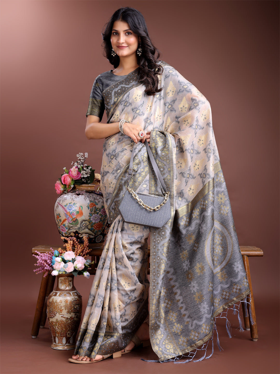 Shree Shyam Fashion Graceful Beige & Grey Linen Cotton Saree - Lightweight Elegance for Modern Women | Grocsy
