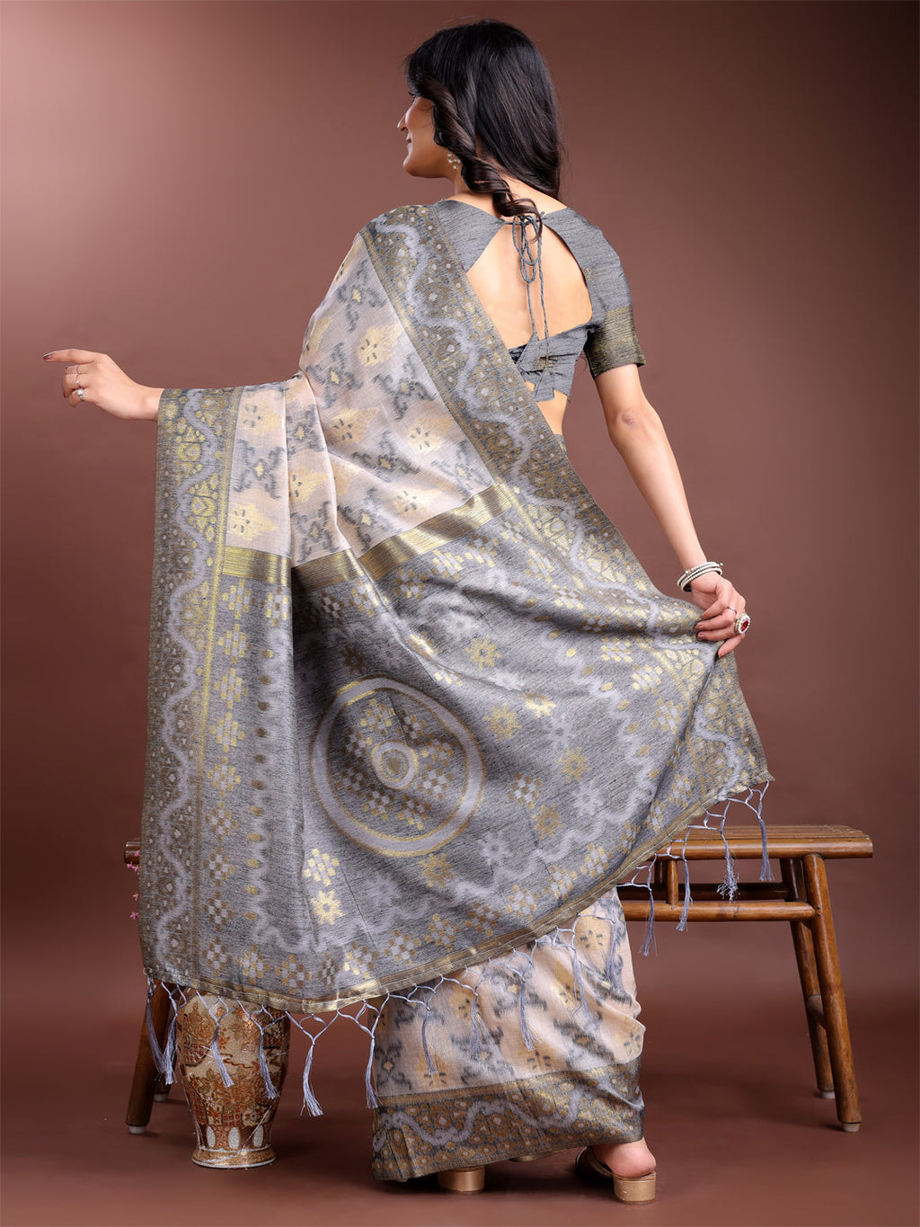 Shree Shyam Fashion Graceful Beige & Grey Linen Cotton Saree - Lightweight Elegance for Modern Women | Grocsy