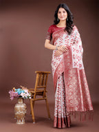Shree Shyam Fashion Maroon Linen Cotton Woven Zari Work Traditional Tassel Saree | Grocsy