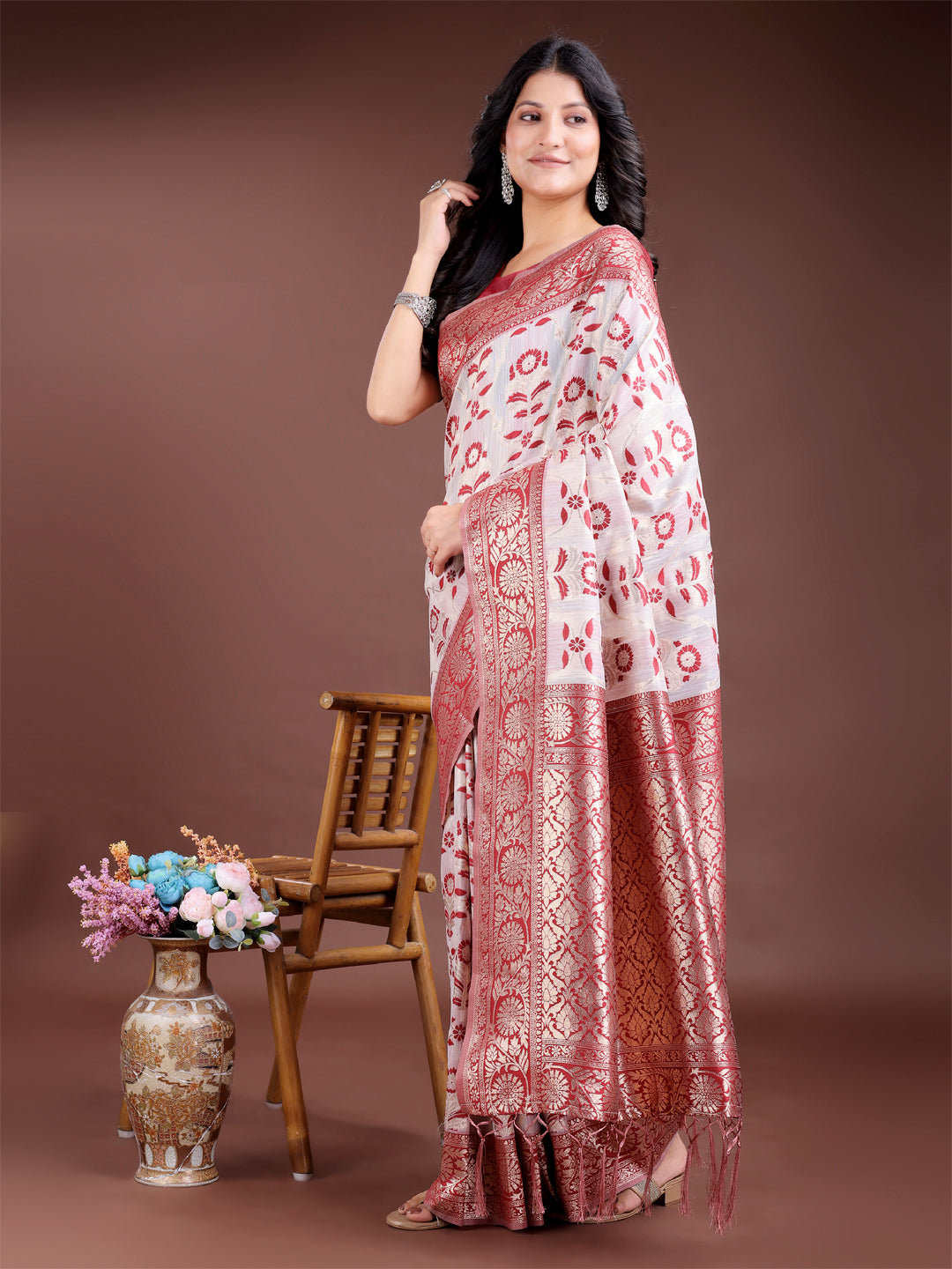 Shree Shyam Fashion Maroon Linen Cotton Woven Zari Work Traditional Tassel Saree | Grocsy
