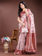 Shree Shyam Fashion Maroon Linen Cotton Woven Zari Work Traditional Tassel Saree | Grocsy